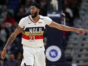 Anthony Davis of the New Orleans Pelicans looks on during the game against the Cleveland Cavaliers at Smoothie King Center on January 9, 2019 in New Orleans. (Chris Graythen/Getty Images)