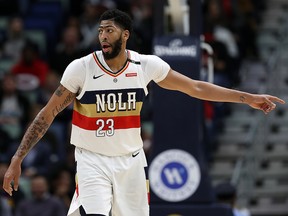 Anthony Davis of the New Orleans Pelicans looks on during the game against the Cleveland Cavaliers at Smoothie King Center on Jan. 9, 2019 in New Orleans, La.