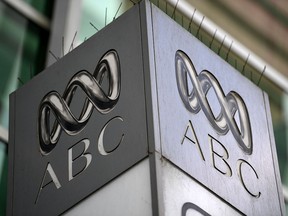 In this file photo taken on September 27, 2018 the logo for Australia's public broadcaster ABC is seen at its head office building in Sydney. (SAEED KHAN/AFP/Getty Images)