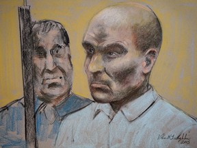 Bertrand Charest is seen on a court drawing during a bail hearing, Monday, March 16, 2015 in St-Jerome, Que. (THE CANADIAN PRESS/Mike McLaughlin)