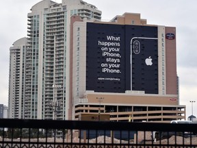 A billboard advertising Apple's iPhone security is displayed during CES 2019 on January 7, 2019 in Las Vegas, Nevada.