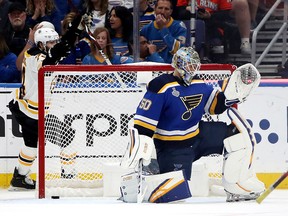 Jordan Binnington of the St. Louis Blues allows a goal in Game 6 of the Stanley Cup final at Enterprise Center on June 9, 2019 in St Louis. (Bruce Bennett/Getty Images)