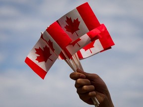 A volunteer waves Canadian flags while handing them out to people during Canada Day festivities in Vancouver, B.C., on Monday, July 1, 2013. THE CANADIAN PRESS/Darryl Dyck