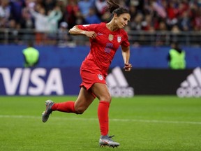 Carli Lloyd of the U.S. celebrates after scoring her team's 13th goal against Thailand during the 2019 FIFA Women's World Cup France at Stade Auguste Delaune in Reims, France, on June 11, 2019.