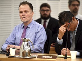 Charles "Chase" Merritt, left, reacts after being found guilty of four counts of first-degree murder of the McStay family, in court at the San Bernardino Superior Court in San Bernardino, Calif., on Monday, June 10, 2019. (Jennifer Cappuccio Maher/The Orange County Register via AP, Pool)