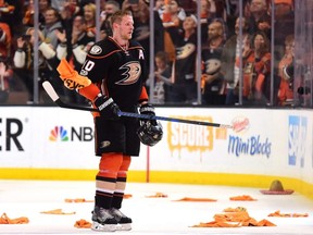 Corey Perry of the Ducks skates to the bench after scoring the game-winning goal against the Oilers during the second overtime period during the 2017 Stanley Cup Playoffs at Honda Center in Anaheim, Calif., on May 5, 2017.