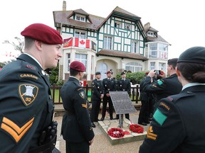 Canadian soldiers from the Queen's Own Rifles regiment take part in a ceremony in front of Canada house near Juno Beach, where Canadian soldiers landed on D-day, on June 4, 2019, in Bernieres-sur-Mer. (LUDOVIC MARIN/AFP/Getty Images)