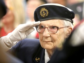 Second World War veteran, June Stewart-Burgoyne during a D-Day 75th anniversary ceremony at the Royal Canadian Legion Centennial Calgary Branch on Saturday, June 8, 2019. Darren Makowichuk/Postmedia