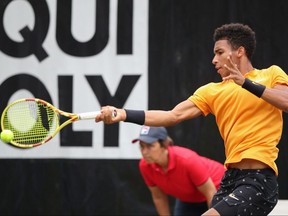 Felix Auger-Aliassime of Canada plays the ball back to Matteo Berrettini of Italy during the final match at Tennisclub Weissenhof on June 16, 2019 in Stuttgart, Germany.