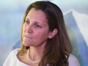 Canadian Foreign Minister Chrystia Freeland speaks to the press on June 13, 2019, at the Canadian Embassy in Washington, D.C.