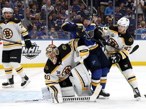 Alexander Steen #20 of the St. Louis Blues and Torey Krug #47 of the Boston Bruins battle in front of Tuukka Rask #40 during the third period in Game Six of the 2019 NHL Stanley Cup Final at Enterprise Center on June 09, 2019 in St Louis, Missouri. (Photo by Bruce Bennett/Getty Images)