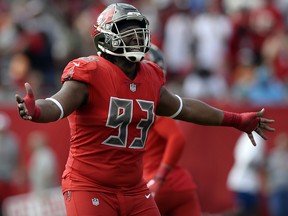 In this Dec. 2, 2018, file photo ,Tampa Bay Buccaneers defensive tackle Gerald McCoy (93) celebrates during a game against the Carolina Panthers in Tampa, Fla. (File photo)