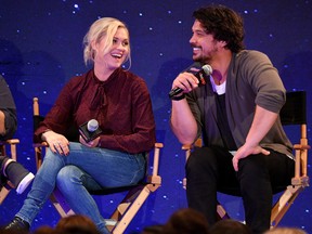 Eliza Taylor and Bob Morley speak onstage at "The 100" panel during New York Comic Con at Jacob Javits Center on Oct. 6, 2018 in New York City.  (Dia Dipasupil/Getty Images for New York Comic Con)