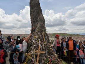 Parishioners put small crucifixes on a tree during a Good Friday procession in Ciudad Bolivar neighbourhood in Bogota, on April 19, 2019.