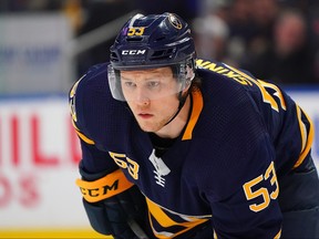 Buffalo Sabres Jeff Skinner looks on during the game against the Nashville Predators at KeyBank Center on April 2, 2019 in Buffalo, N.Y. (Kevin Hoffman/Getty Images)