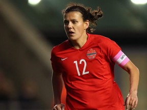 In this April 5, 2019 file photo, Canada's Christine Sinclair is on the field during the international friendly between England Women and Canada Women at The Academy Stadium on April 5, 2019 in Manchester, England. (Catherine Ivill/Getty Images)