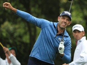 Charl Schwartzel of South Africa plays his shot from the second tee during the first round of the Masters at Augusta National Golf Club on April 11, 2019 in Augusta, Ga. (Mike Ehrmann/Getty Images)