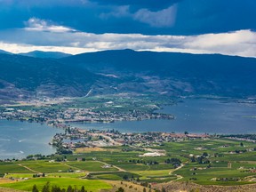 Osoyoos British Culumbia Canada and Osoyoos Lake from a high viewpoint above the valley