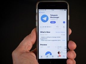This illustration picture taken on April 6, 2018 in Moscow shows the Telegram messenger application displayed on the screen of a smartphone. (ALEXANDER NEMENOV/AFP/Getty Images)