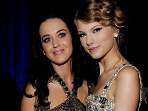 In this Jan. 30, 2010  file photo, musicians Katy Perry and Taylor Swift attend the 52nd Annual GRAMMY Awards - Salute To Icons Honouring Doug Morris held at The Beverly Hilton Hotel in Beverly Hills, Calif.  (Larry Busacca/Getty Images for NARAS)