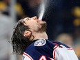 Sergei Bobrovsky of the Columbus Blue Jackets sprays water in the air before Game 5 against the Boston Bruins at TD Garden on May 4, 2019 in Boston. (Maddie Meyer/Getty Images)