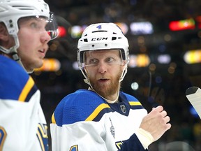 Carl Gunnarsson of the St. Louis Blues looks on against the Boston Bruins during Game 2 of the Stanley Cup final at TD Garden on May 29, 2019 in Boston. (Adam Glanzman/Getty Images)
