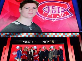 Cole Caufield poses for a photo after being selected as the No. 15 overall pick to the Montreal Canadiens in the first round of the 2019 NHL Draft at Rogers Arena.
