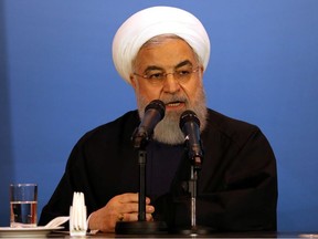 Iranian President Hassan Rouhani speaks during a meeting with tribal leaders in Kerbala, Iraq, March 12, 2019.