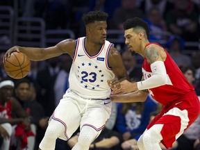Jimmy Butler of the Philadelphia 76ers dribbles the ball against Danny Green of the Toronto Raptors in Game 6 of the Eastern Conference Semifinals at the Wells Fargo Center on May 9, 2019 in Philadelphia. (Mitchell Leff/Getty Images)