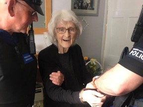 Granddaughter Pam Smith shared photos of a delighted Josie Bird as was handcuffed by Greater Manchester police officers and taken off to the local police station. (Twitter)