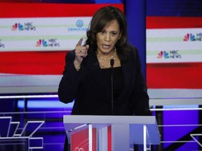 Senator Kamala Harris speaks during the second night of the first Democratic presidential candidates debate in Miami, on Thursday, June 27, 2019.