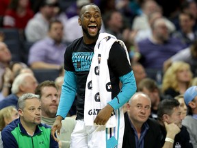 Kemba Walker of the Charlotte Hornets reacts on the bench after a play against the Chicago Bulls at Spectrum Center on February 27, 2018 in Charlotte. (Streeter Lecka/Getty Images)