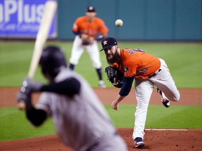 Dallas Keuchel of the Houston Astros pitches against the New York Yankees during Game 1 of the American League Championship Series at Minute Maid Park on October 13, 2017 in Houston. (Pool/Getty Images)