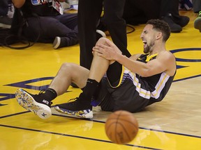 Golden State Warriors guard Klay Thompson (11) reacts after being fouled during Game 6 of the NBA Finals at Oracle Arena. (Sergio Estrada-USA TODAY Sports)