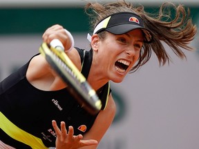 Johanna Konta serves the ball to Sloane Stephens during their quarterfinal match  at the French Open in Paris on June 4, 2019. (KENZO TRIBOUILLARD/AFP/Getty Images)