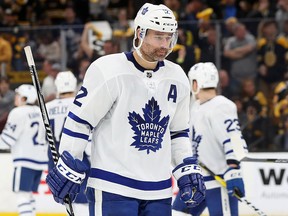 Patrick Marleau of the Toronto Maple Leafs looks on during Game 7 against the Boston Bruins during the Stanley Cup Playoffs at TD Garden on April 23, 2019 in Boston. (Maddie Meyer/Getty Images)