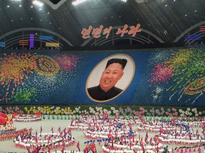 A handout photo taken on June 4, 2019 and released by Koryo Tours shows an image of North Korea's leader Kim Jong Un created by performers during a 'Grand Mass Gymnastics and Artistic Performance', or mass games, at the May Day stadium in Pyongyang. (HANDOUT/AFP/Getty Images)