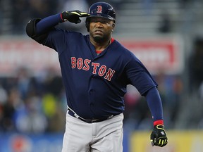 David Ortiz of the Boston Red Sox salutes as he round second base after hitting a home run against the New York Yankees at Yankee Stadium on May 6, 2016. (Rich Schultz/Getty Images)