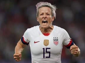 United States forward Megan Rapinoe celebrates after scoring a goal during the France 2019 Women's World Cup quarter-final football match between France and USA, on June 28, 2019, at the Parc des Princes stadium in Paris. Lionel Bonaventure / Getty Images