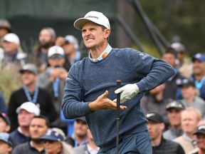 Justin Rose of England reacts to his shot on the 13th tee during the third round of the 2019 U.S. Open at Pebble Beach Golf Links on June 15, 2019 in Pebble Beach, California. (Harry How/Getty Images)