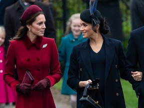 Meghan, Duchess of Sussex and Catherine, Duchess of Cambridge attend the Christmas Day service at St. Mary Magdalene Church at Sandringham  on Dec. 25, 2018,