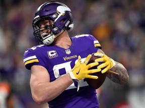 Kyle Rudolph of the Minnesota Vikings celebrates after catching the ball for a touchdown in the third quarter of the game against the Cincinnati Bengals on Dec. 17, 2017 at U.S. Bank Stadium in Minneapolis, Minn.