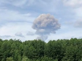 A mushroom cloud is seen after the blasts at an explosives plant in the town of Dzerzhinsk, Nizhny Novgorod Oblast, Russia June 1, 2019 in this still image obtained from social media video. Picture taken May 30, 2019.