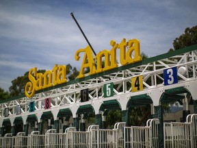 Starting gates are seen at Santa Anita Park on June 11, 2019 in Arcadia, California. (David McNew/Getty Images)
