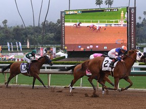 Horses race at the Santa Anita Racetrack as controversy continues over the high number of horse deaths at the track in Arcadia, Calif., on May 26, 2019.