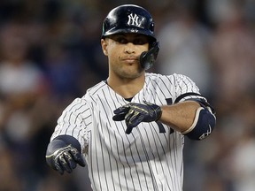 Giancarlo Stanton of the New York Yankees reacts at second base after his double against the Houston Astros at Yankee Stadium on June 20, 2019 in New York. (Jim McIsaac/Getty Images)