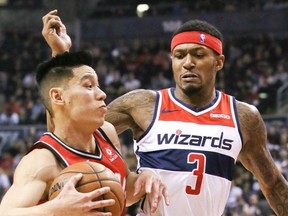 Toronto Raptors Jeremy Lin  and Washington Wizards guard Bradley Beal on Wednesday February 13, 2019.