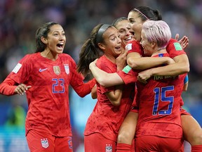 U.S.A. players celebrate a goal during their Women's World Cup match against Thailand on June 11, 2019, at the Auguste-Delaune Stadium in Reims, France. (LIONEL BONAVENTURE/AFP/Getty Images)