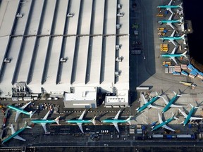An aerial photo shows Boeing 737 MAX airplanes parked on the tarmac at the Boeing Factory in Renton, Washington, U.S. March 21, 2019.