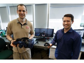 Brendan Concannon (left), Faculty of Rehabilitation Medicine master student, and Nathanial Maeda, Faculty of Rehabilitation Medicine postdoctoral fellow, are seen at the University of Alberta in Edmonton, on Friday, June 14, 2019. They are using virtual reality to help prepare rehabilitation students for practicum exams.